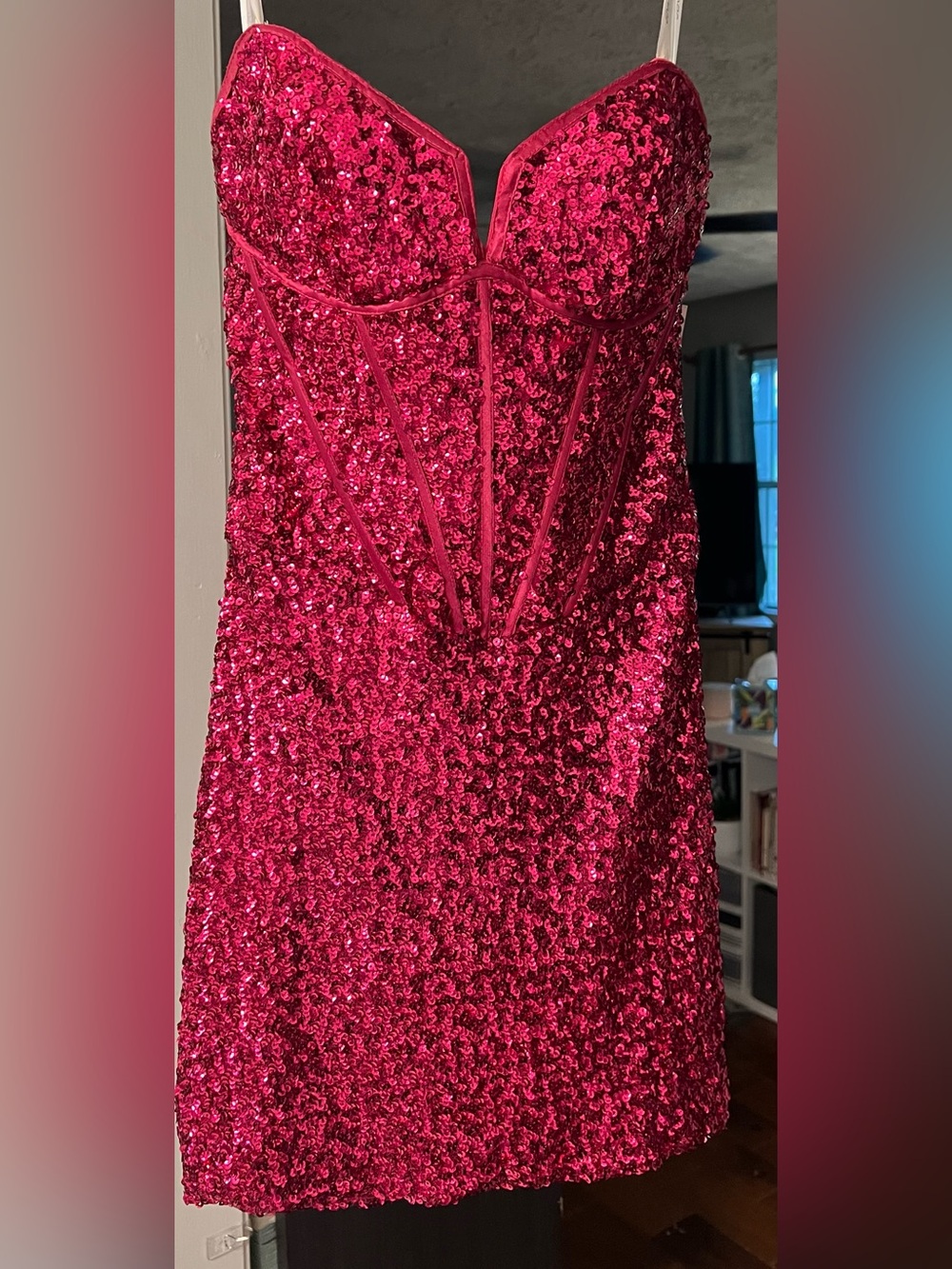 NWT Jovani 25957 Raspberry Sequin Strapless Corset Mini Dress Size 6 Prom HOCO - Picture 1 of 12